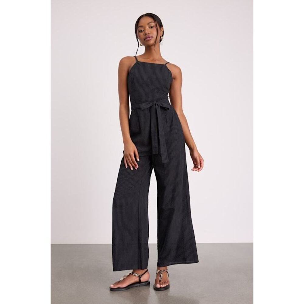 Lulus Messina Black Striped Wide-leg Jumpsuit - Size L